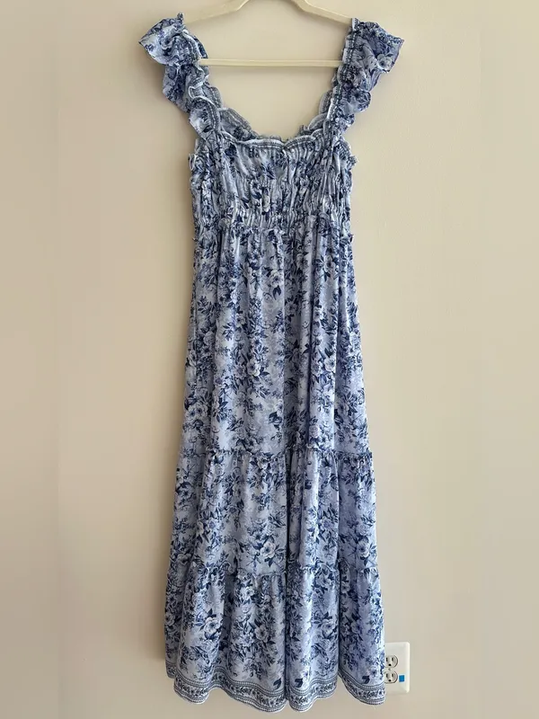 Max Studio Ruffle Cap Sleeve Tiered Maxi Dress, Light Blue Floral, Size Small - Image 11