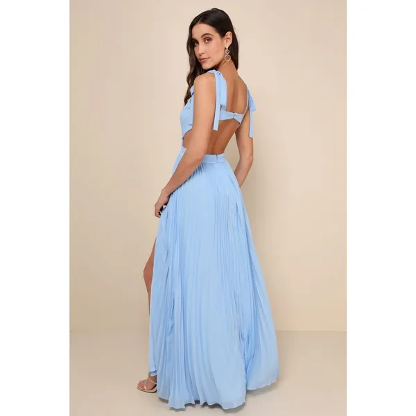 NWT Lulus Celebratory Allure Powder Blue Pleated Backless Maxi Dress Wedding L - Image 3