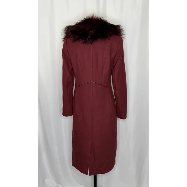 WHBM Burgundy Long Coat Removable Faux Fur Collar White House Black Market XS - Image 9