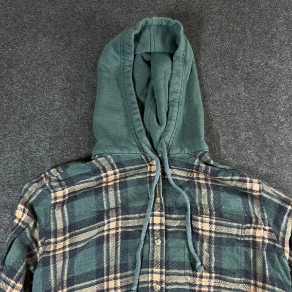 American Eagle Hooded Flannel Shirt Womens XS Green Plaid Button Down Hoodie - Image 5