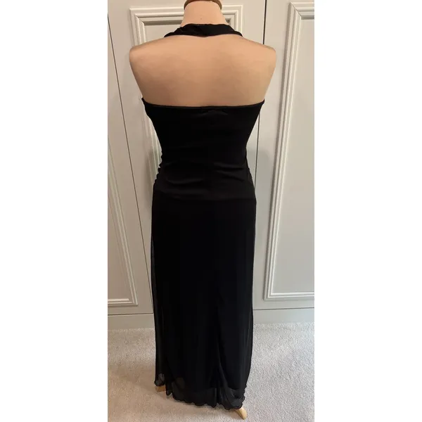 Vintage La Belle Black Ruched Mesh Overlay Maxi Dress Size Medium Gown Halter - Image 3
