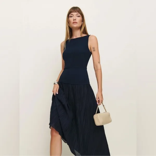 NWOT Reformation Cyra dropped waist pleated skirt dress midnight navy blue sz 0 - Image 3