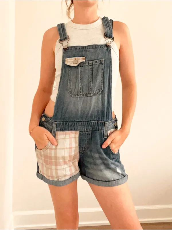 Vintage lei Blue Denim Short Overalls with Pink Plaid Patchwork Pockets - Image 3