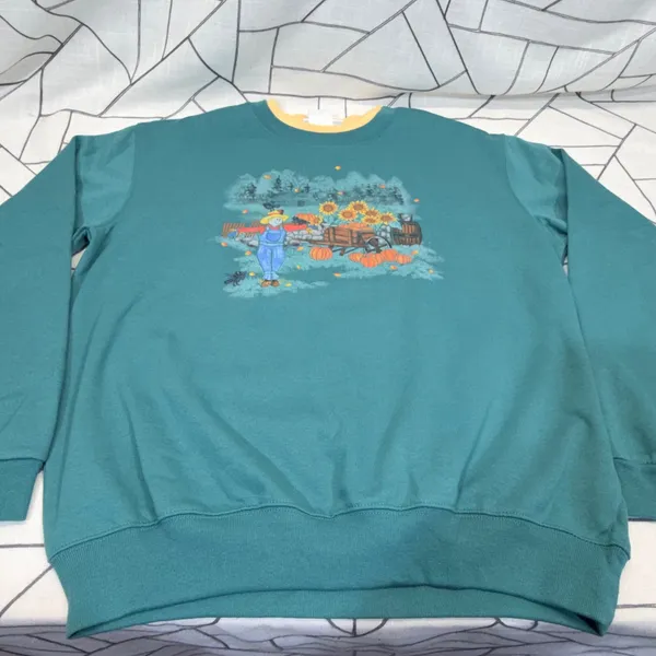 Country Store Sweatshirt Large Teal Green Autumn‎ Scarecrow Pumpkin Sunflower - Image 3