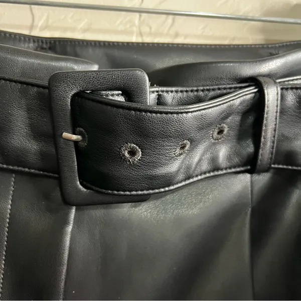 Loft Black Faux Leather High Rise Wide-Leg Belted Fleece Lined Trouser‎ Pants - Image 7