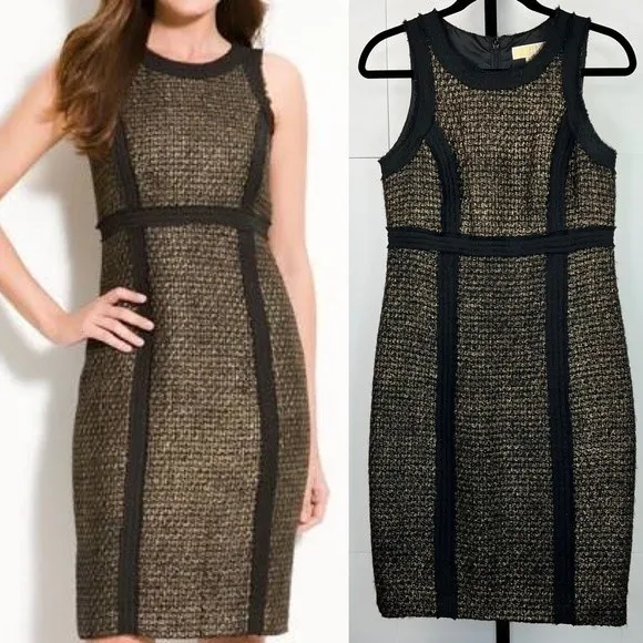 Michael Kors Tweed Sheath Dress Sz 4 Black Gold Metallic Career Cocktail Preppy - Image 2