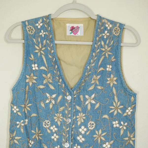 Keren Hart Vintage Denim Floral Embroidered Vest Blue Tan Boho Cottagecore - Image 2