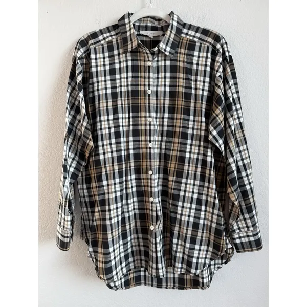 LOFT Womens M Plaid Button Front Shirt Long Sleeve Autumn Fall Cream Brown Black - Image 3