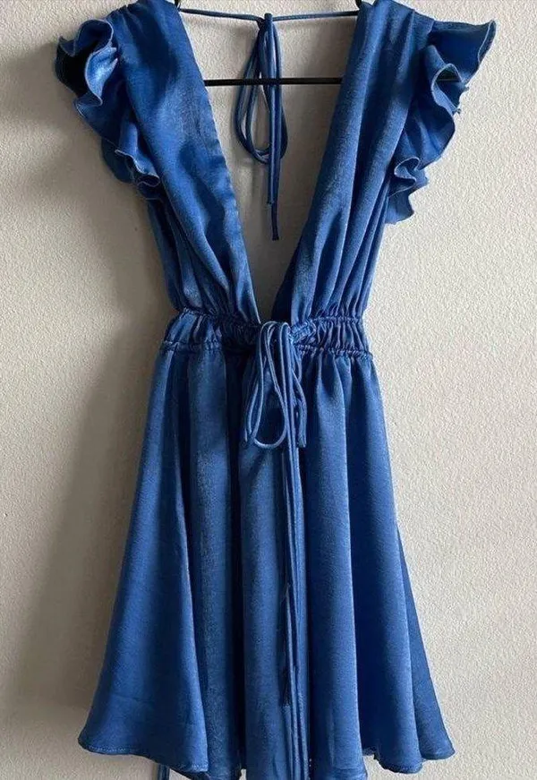 Lucy in the Sky Small Vivian Washed Satin Plunge A-Line Dress In Blue - Image 2