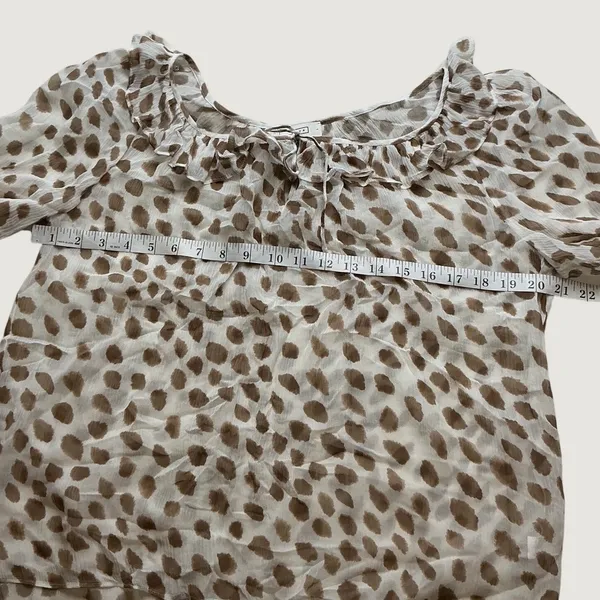 AYR Womens Ruffle Neck Abstract Animal Print Sheer Blouse Brown Cream E2047 L - Image 2
