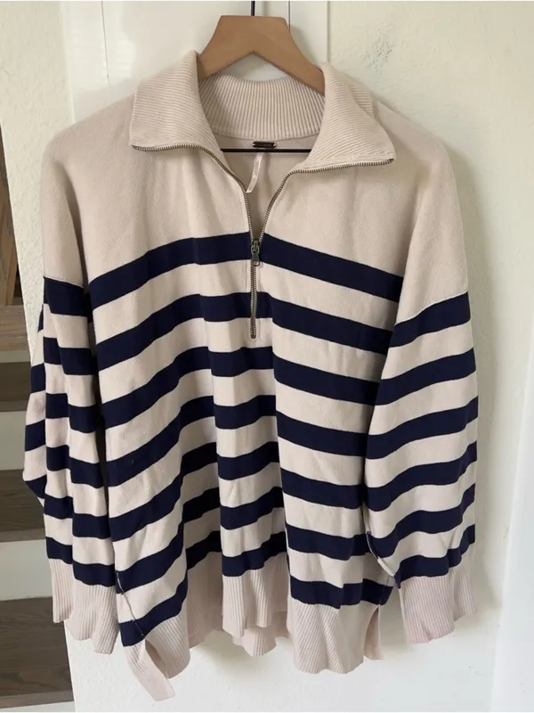 Free People Coastal Stripe Pullover in Champagne Navy - Blue Combo - Small - Image 4