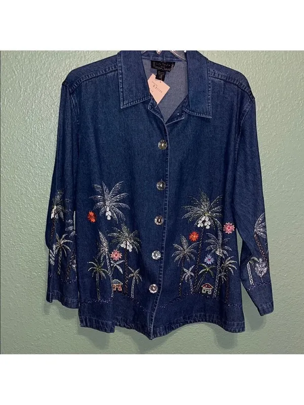 NEW Vintage Blue Jean Jacket Embroidered Palm Trees tropical resort cruise vacay - Image 2