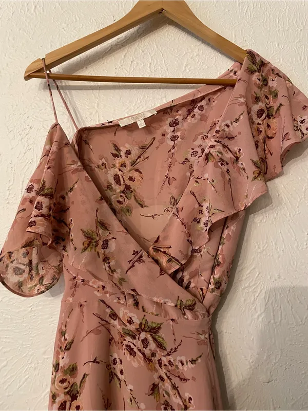 Wayf Pink Floral Ruffle Midi Wrapped Dress Small - Image 5