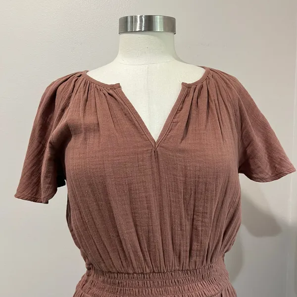 Loft Brown Gauze Cotton Dress Smocked Waist V‎ Neck Casual NWT Size S - Image 4