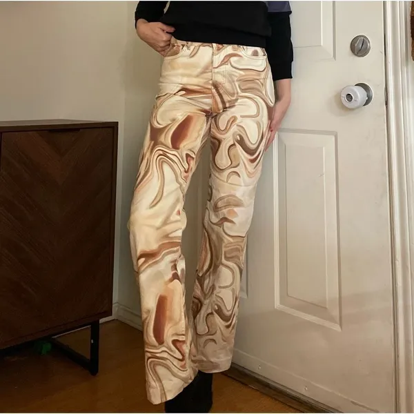 Zara Funky Marbled Flare Jeans Size 26‎ Cream Brown - Image 3