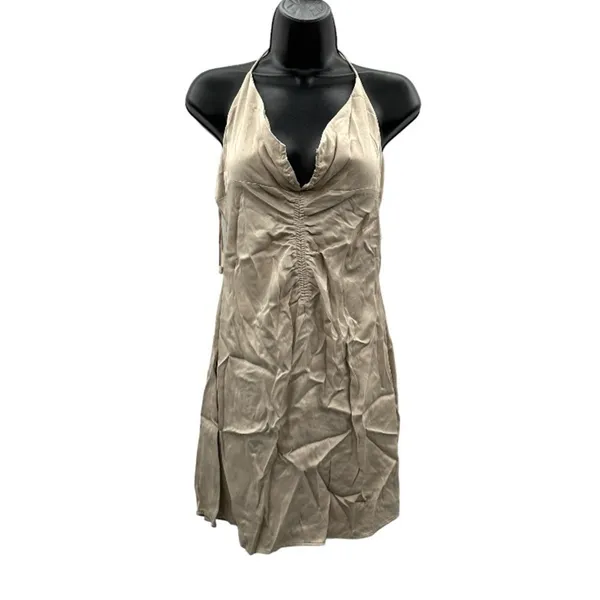 Zara Satin Ruched Beige‎ Halter Tie Shift Mini Slip Dress Size M NWT - Image 3