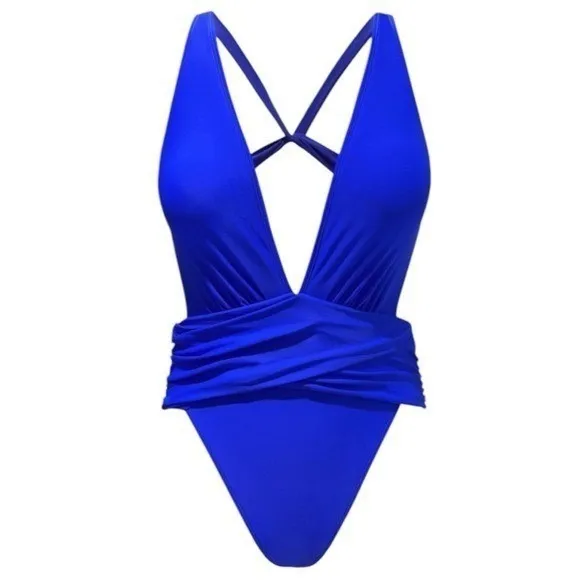NEW Cupshe Plunge Neck High Leg One Piece Swimsuit Tropical Resort Coastal S - Image 2