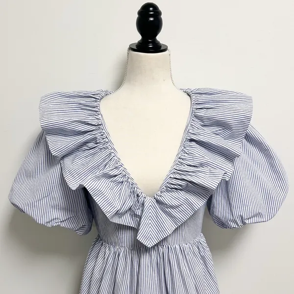 Saylor Blue White Stripe Zerina Plunging V Neck Puff Short Sleeve Mini Dress S - Image 2