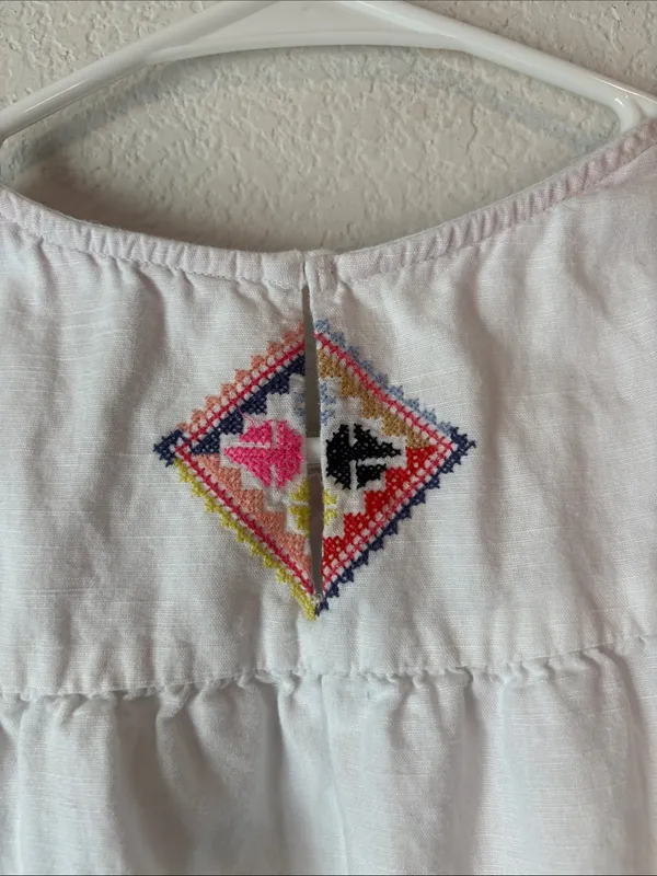 Joules White Sleeveless Dress with Multicolor Embroidered Yoke linen/cotton - Image 6