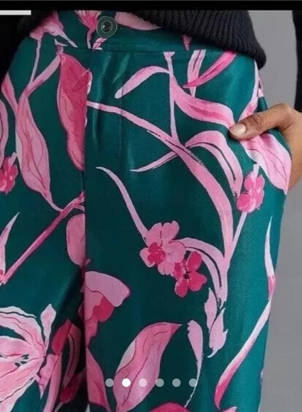 Dark Green Pink Floral Anthropologie Satin Pants - Image 2