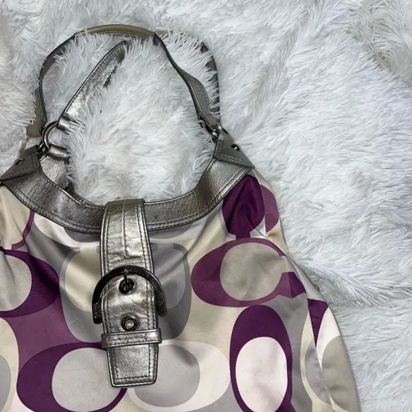 Coach Op Art Scarf Print Signature Shoulder Bag with Purple and Silver Detail - Image 2