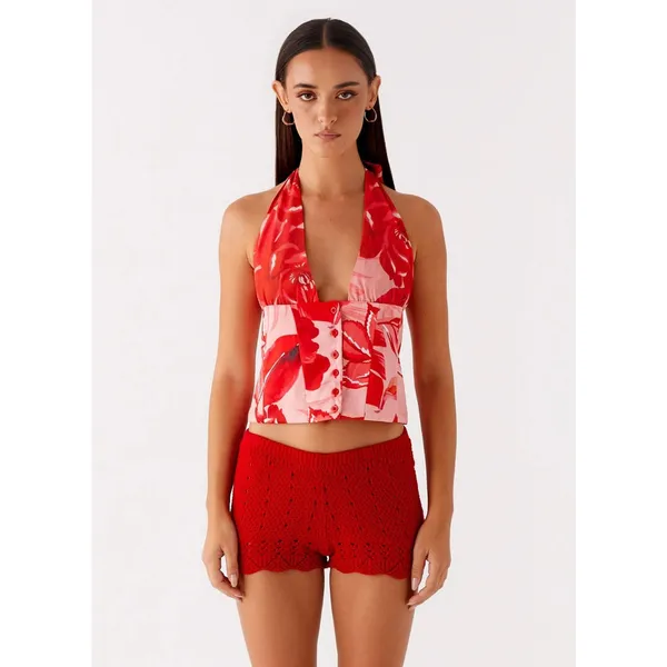 NEW! Peppermayo Lets Pretend Halterneck red floral Top sicily sunsets print US 0 - Image 2