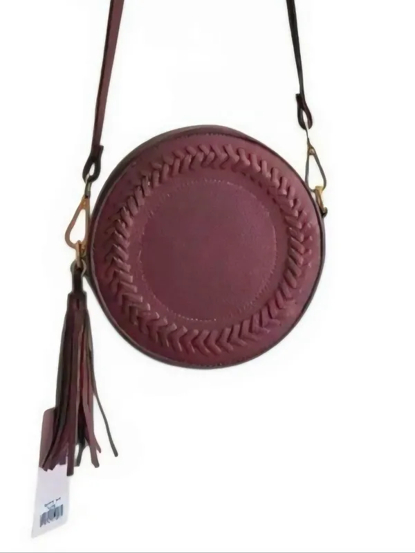 Stylish Round Crossbody Bag in Deep Burgundy Braided Detailing‎ - Image 2