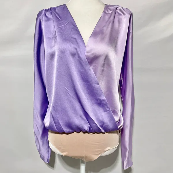 New Strut & Bolt Two Tone Satin Faux Wrap Long Sleeve Bodysuit Purple Size Large - Image 6