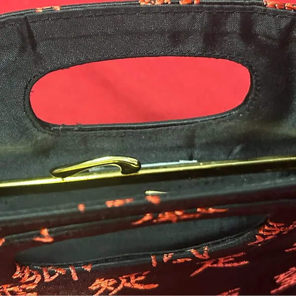 Bag Black Satin Clutch with Red Embroidered Characters & Gold Frame by LA REGALE - Image 7