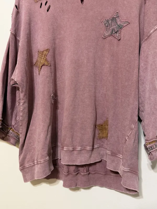 Easel Boho Star Patchwork Oversized Tee Size Large Distressed Sweater - Image 5
