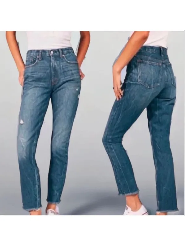 A&F Abercrombie & Fitch Distressed Mom Jeans High Waisted Raw Hem 12 - Image 2