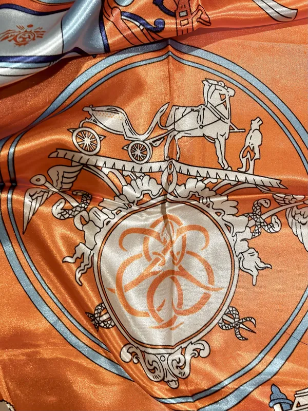 Vintage Equestrian HORSE&CARRIAGE print orange/blue oversized silky Scarf 35/35 - Image 12