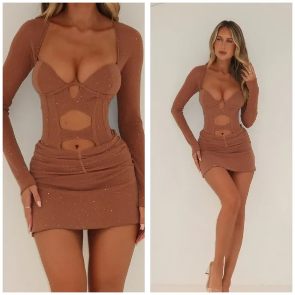 NWT Outcast Aubrey Long Sleeve Mini Dress Tan Corset Festival Sexy Size Small - Image 3