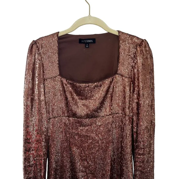 INTERMIX Hilary Rose Gold Sequin Square Neck Long Sleeve Mini Dress Size 0 - Image 7