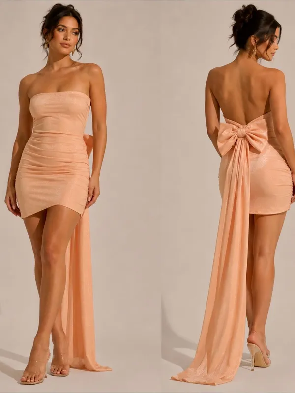 Lovely Day Strapless Peach Mini Dress with Dramatic Back Bow - Image 2