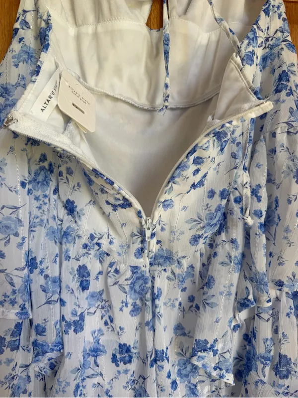 Altar'd State Mabel Blue Floral Tiered Ruffle Mini Dress Lace Up Back Size Large - Image 11