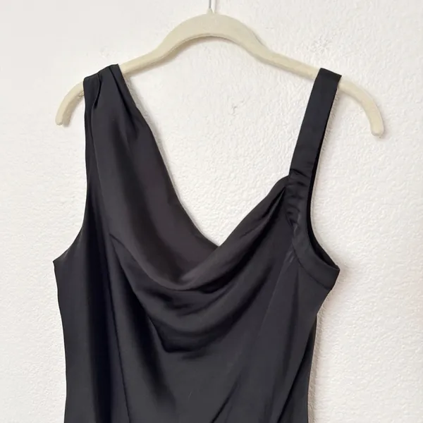[ASTR] Black Satin Asymmetrical Sleeveless Draped Cowl Neck Bodysuit Sz Medium M - Image 5