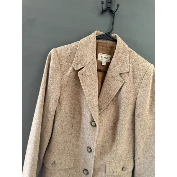 LL Bean‎ Vintage Wool Silk Blend Tweed Blazer Tan 3-Button Jacket Med Reg - Image 3