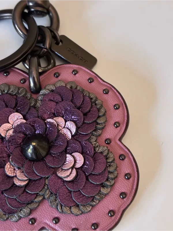 Coach Leather Sequin Applique Tea Rose Key Ring Bag Charm, Pink / Purple, 32677 - Image 5