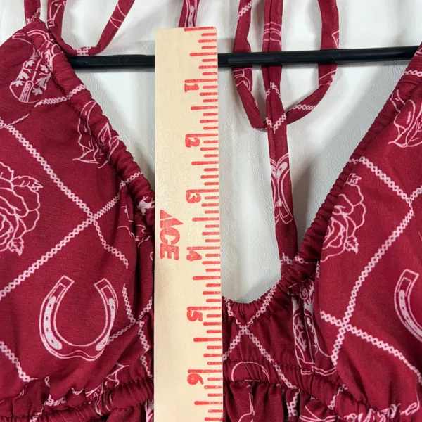 Wild Fable Burgundy Western Cowboy Print Halter Babydoll Peplum Top Red Medium NEW - Image 5