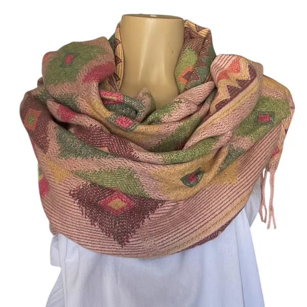 Mexican Artisan Reversible Woven Poncho Multicolor Geometric Boho Shawl Wrap - Image 7