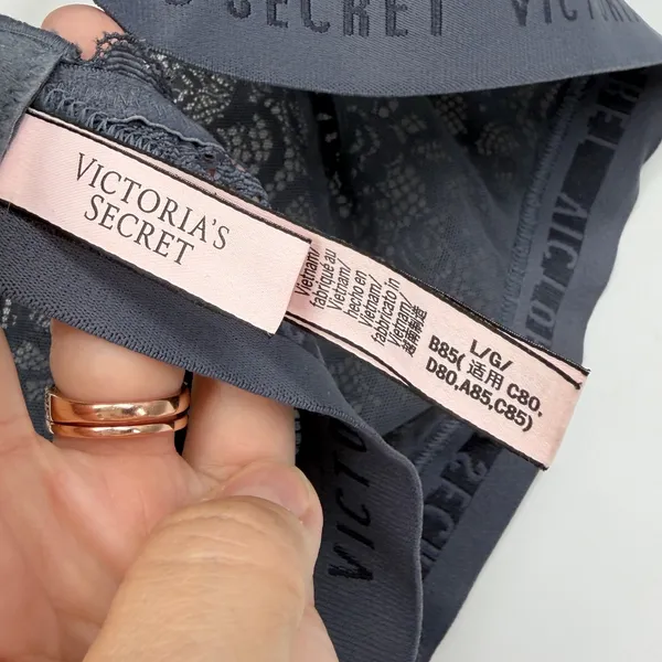Victorias Secret Logo Band Lace‎ Bralette Dark Grey Floral Scalloped Large L/G - Image 4