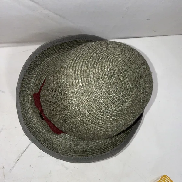 Goorin Bros Paper Woven Straw Fedora Hat Olive Green Burgundy Band Adult Small - Image 9