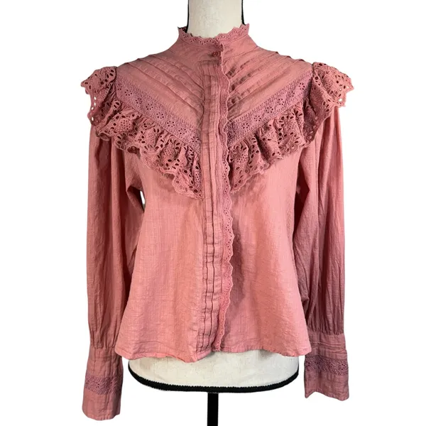 Free People X-Small Hit the Road Top Ruffle Button Puff Sleeve Lightweight Pink - Image 2