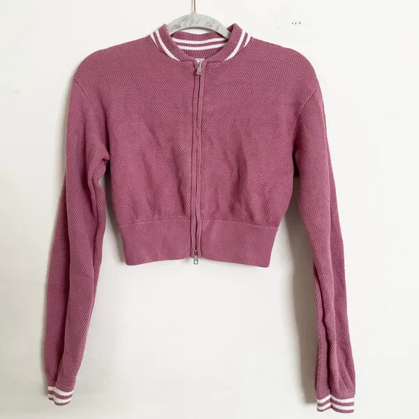 Alo Yoga Tennis Club Sweater Knit Full Zip Jacket Pink Wild Rose/White S - Image 2
