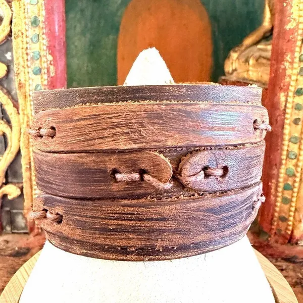 Distressed Brown Leather Cuff Bracelet Rustic Wide Snap - Image 2