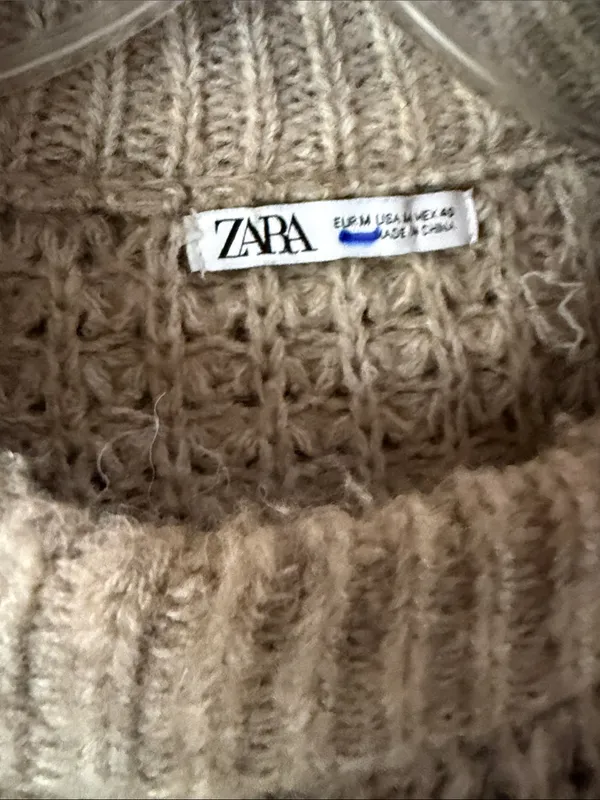 Zara Beige Waffle Knit Crewneck Sweater Oversized Chunky Long Sleeve Pullover - Image 3