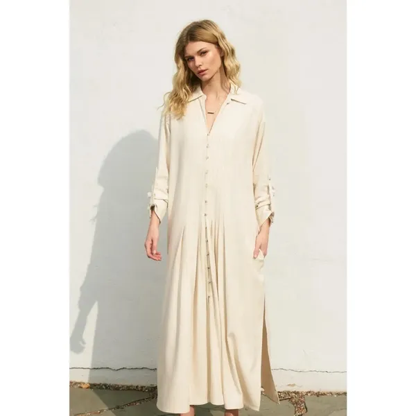 $139 Dress Forum Cotton Linen Pleated Longline Shirt Dress in oatmeal, NWT L - Image 4