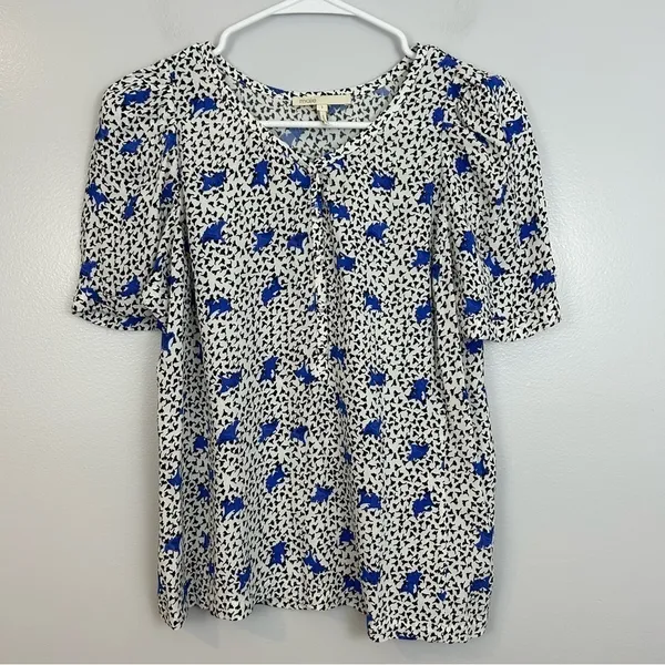 MAJE Lensam Floral Leaf Blue/White V-neck Short Puff Shoulder Blouse Size Small - Image 2