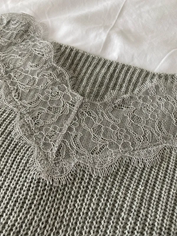 SheIn Grey Ribbed Sweater With Lace Neckline Detail - Image 4